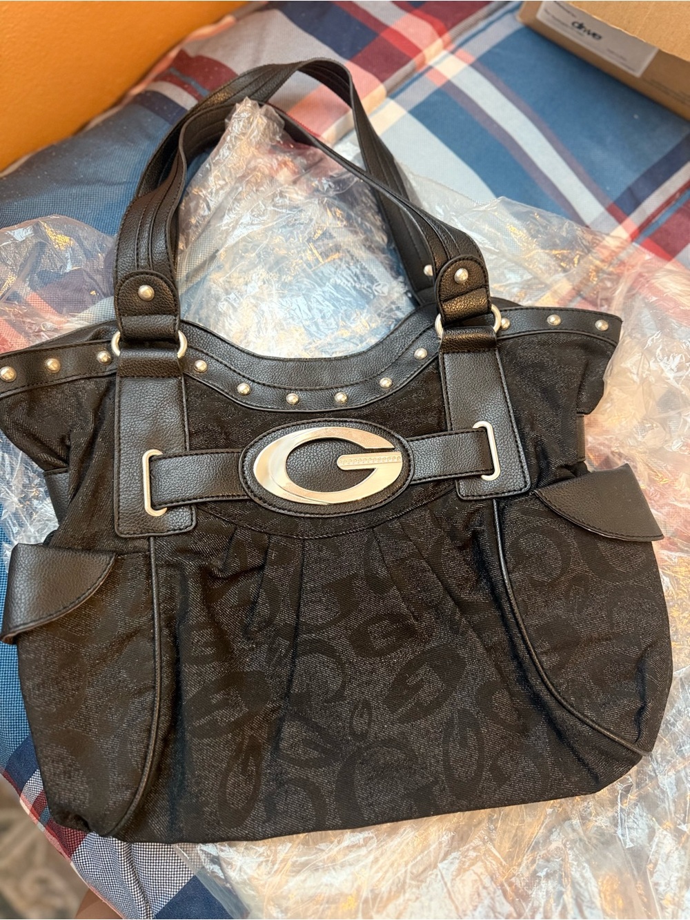 G-Logo Black Tote Bag with Stud Detail